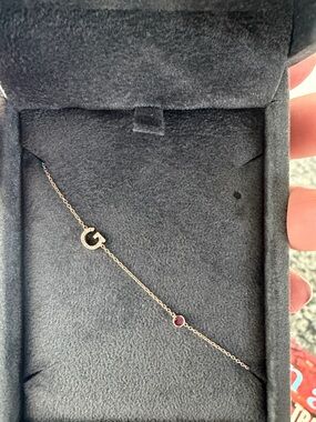 Rose Gold 'G' Initial Chain Necklace with Ruby birthstone